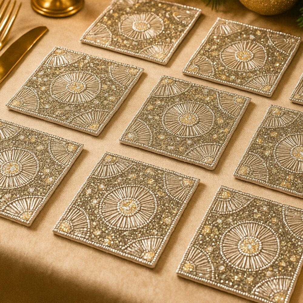 NWOT Set of 8 Silver Bedazzled Coasters in Matching Tray